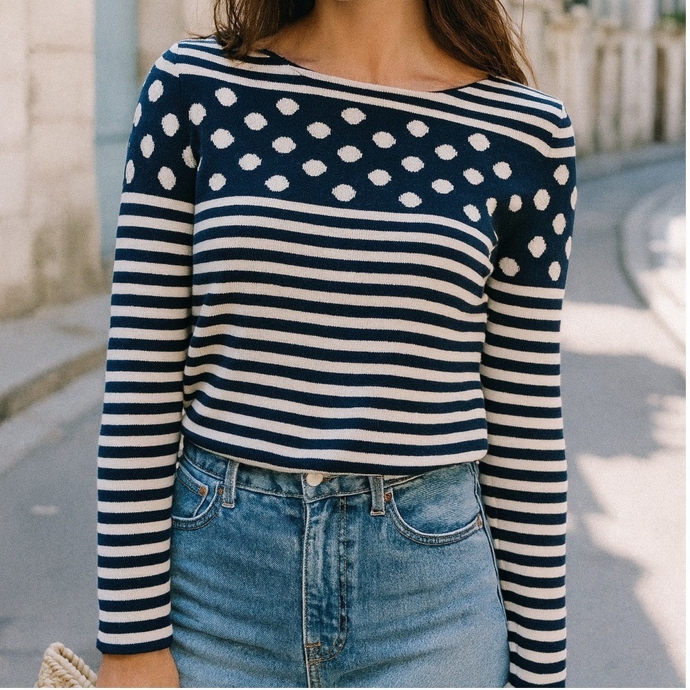 Anthropologie Sparrow Navy Stripe Polka Dot Sweater XS‎ Nautical Preppy Knit